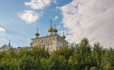 Domes and crosses of the church against the sky