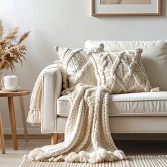 A cozy living space with textured white pillows and a knit blanket