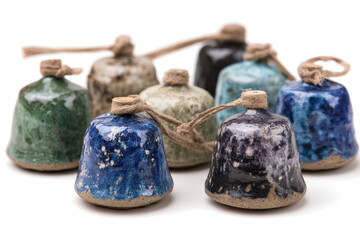 Collection of handmade ceramic bells featuring various colors and textures perfect for decorative crafts and artistic creations