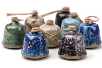 Collection of handmade ceramic bells featuring various colors and textures perfect for decorative crafts and artistic creations