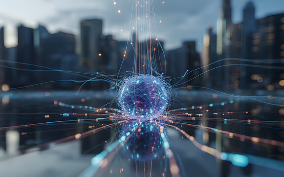 Futuristic central data node pulsating with energy over abstract cityscape background