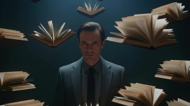 Businessman amidst floating books: a symbol of knowledge and innovation in a modern setting. 4k Video footage