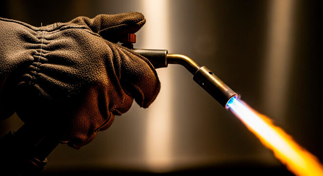 Gloved Hand Holding an Operating Blowtorch