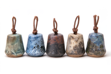 Collection of handmade ceramic bells unique pottery with rustic glaze decorative ornaments isolated on white