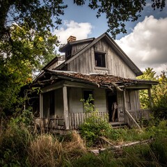 Dilapidated, weathered dwelling surrounded by overgrown vegetation