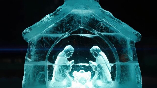 Illuminated ice sculpture reveals enchanting glow in winter wonderland. 4k Video footage