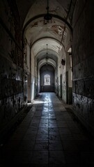 Fototapeta premium Dimly lit abandoned building interior with archway & light