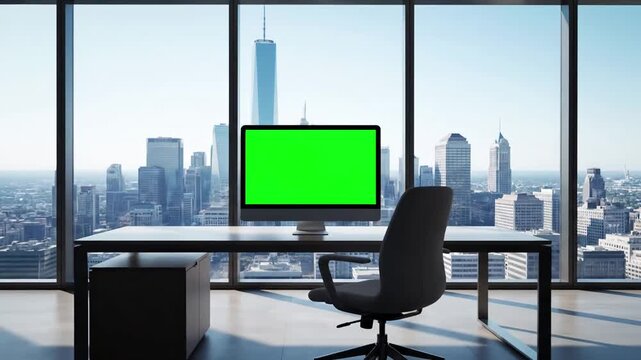 Dynamic Camera Movement with desktop computer monitor mock up green screen chroma key display standing on the desk in modern business office background glass wall big city zoom out shot distortion