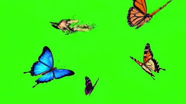 Dynamic Movement with colorful butterflies flying wings flapping on green screen background distortion, overlay, glitch, static noise, scan lines black background, 4k animated video loop