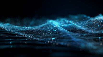 Abstract glowing blue wave of digital particles and light trails on a dark background