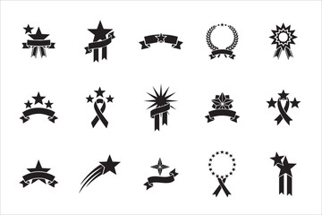 Collection of vintage star and ribbon award badges and emblems

