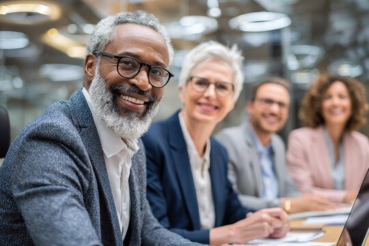 Business team meeting with diverse professionals smiling and collaborating in a modern office environment - Powered by Adobe