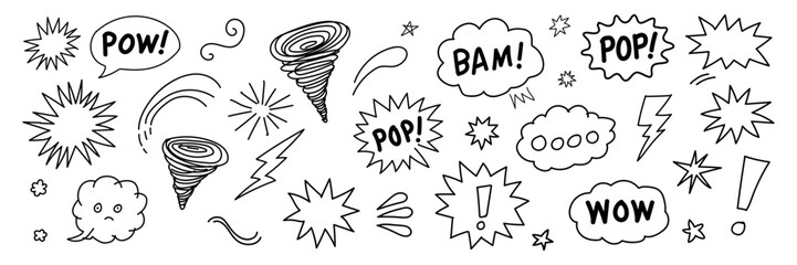 Collection of hand drawn comic book style sound effects words and explosions in black and white
