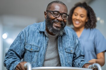 Senior man smiles while using walker during therapy session at rehabilitation center with supportive nurse
