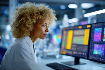 Scientist analyzing data on computer in modern laboratory setting during daytime hours