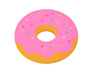 An illustrated, cartoon-style, frosted donut with colorful sprinkles