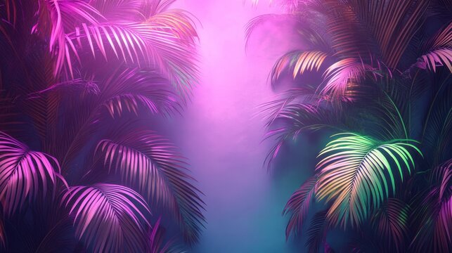 Lush green plants shimmer in purple and green hues surrounded by mysterious fog