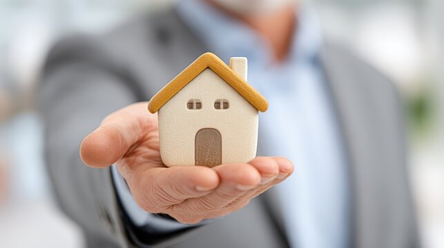 A business professional holds a model house, symbolizing real estate investment or home ownership, Ideal for articles, brochures, or websites related to property, finance, or housing markets, - Powered by Adobe