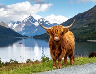 A Highland cow stands proudly beside a lake with snowy mountains