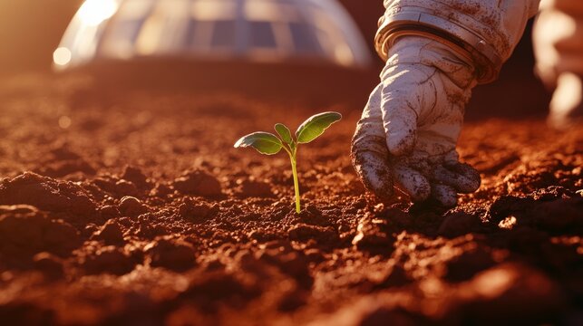 Astronaut hand nurturing small green plant emerging from red soil of space colony