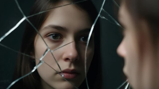 Reflection and introspection: a young person gazing through broken glass in deep thought. 4k Video footage
