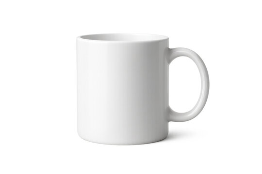 Glossy White Ceramic Coffee Mug Front View with Soft Shadow &ndash; Transparent PNG Isolated on Background