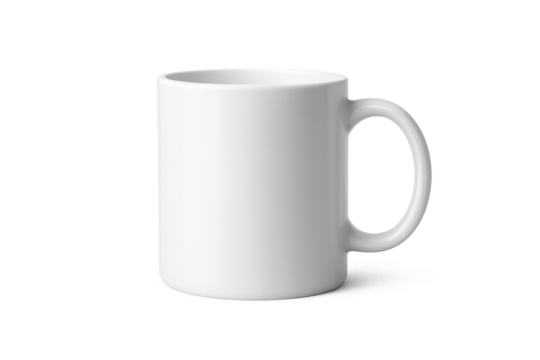 Glossy White Ceramic Coffee Mug Front View with Soft Shadow – Transparent PNG Isolated on Background