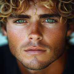 Obraz premium A young man with curly hair and vibrant green eyes gazes intently at the viewer