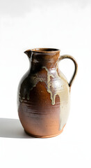 A rustic, handcrafted ceramic pitcher with a brown and beige glaze, set against a white background.
