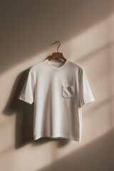 A 3D mockup of a t-shirt with a small pocket on the chest, placed on a minimalistic hanger against a neutral backdrop, ready for customization. Generative AI