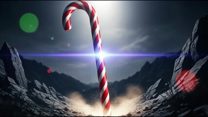 Candy cane impact in scifi mountain landscape with dynamic light flare. 4k Video footage - Powered by Adobe