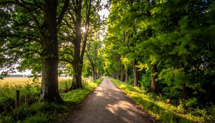 Dirt road through sun-dappled trees, leading towards a field