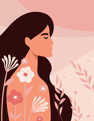 A beauty woman with long hair in profile against a background of flowers. A young abstract girl enjoying life and herself. Vector flat graphics.
