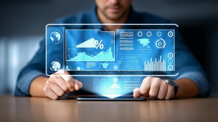 A professional uses a virtual interface with holographic charts and statistics, symbolizing data analysis and digital transformation. The scene highlights innovation in business and technology trends - Powered by Adobe