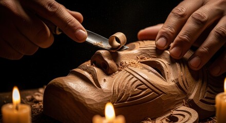 Krampusnacht celebration: traditional hand-carved wooden mask with candles - art and craft for cultural festivities