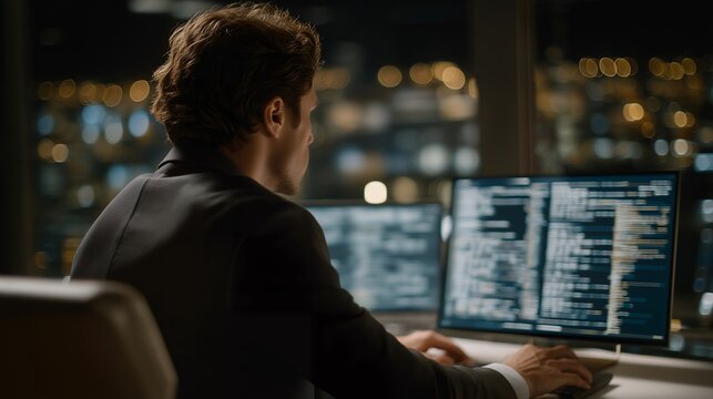 Hacker-style visualization of computer virus spreading on a network interface, with cybersecurity analyst observing, symbolizing malware propagation, digital threat analysis, and virus containment