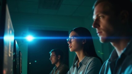 Focused professionals working with advanced technology in a dimly lit office. 4k Video footage