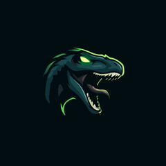 Fierce dinosaur raptor head illustration with glowing green eyes, aggressive powerful modern mascot logo concept for gaming esports