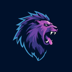 Fototapeta premium Fierce Roaring Lion Head Mascot Design with Purple and Blue Gradient Colors on Dark Background, Powerful Wildlife Graphic for Gaming and Esports