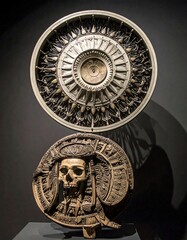 Display featuring two intricate circular sculptures with skulls and ornate designs