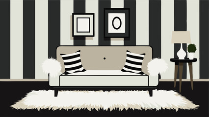 A cozy sitting area with a black and white striped couch a white faux fur rug and black and white framed artworks on the walls.