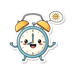 Cute cartoon alarm clock sticker with a happy face and a smiling sun speech bubble, indicating a cheerful morning wake-up.