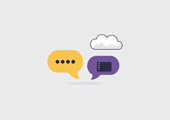 Three floating speech bubbles in yellow with ellipsis, white, and purple with a black rectangle, on a gray background