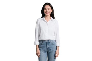 A woman in a white shirt and blue jeans stands upright, showcasing a casual and elegant fashion style.