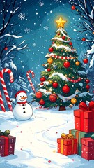 Festive scene depicts a decorated tree, snowman, and gifts in snowy forest