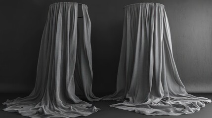 Two tall fabric drapes stand apart, softly flowing and inviting curiosity in a dim studio