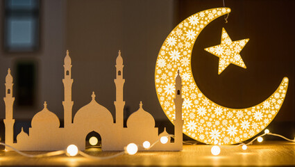 Decorative crescent moon and mosque silhouette with lights for Eid al-Fitr celebration  