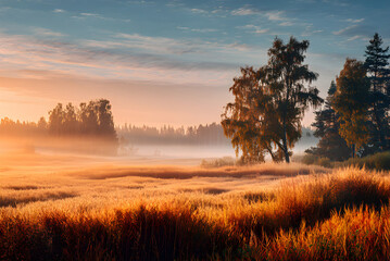 A September landscape filled with autumn colors and morning mist over the fields, and sunlight breaking through the clouds, creating a majestic and picturesque early autumn.