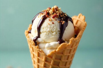 A scoop of creamy vanilla ice cream nestled in a warm, golden waffle cone, drizzled with melted chocolate and sprinkled with chopped nuts , confectionery, nuts, treat