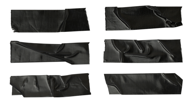 Set of black adhesive tapes on a white background, black paper adhesive tape strips of different sizes on a transparent background.